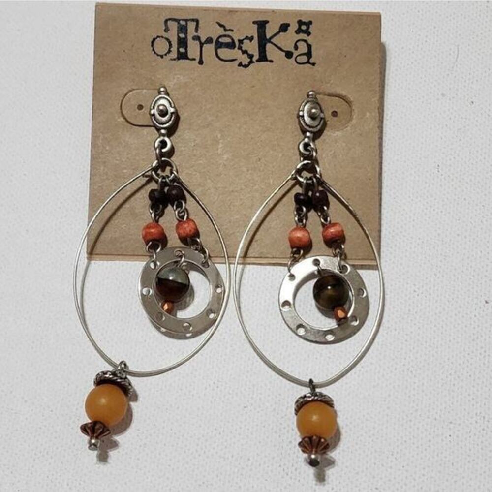 Treska Bohemian Beaded Layered Drop Earrings Silver‎ Tone Wood Stone Mixed Media